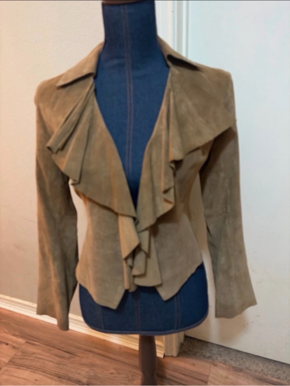 Ideology Olive Green Suede Ruffle Front Jacket